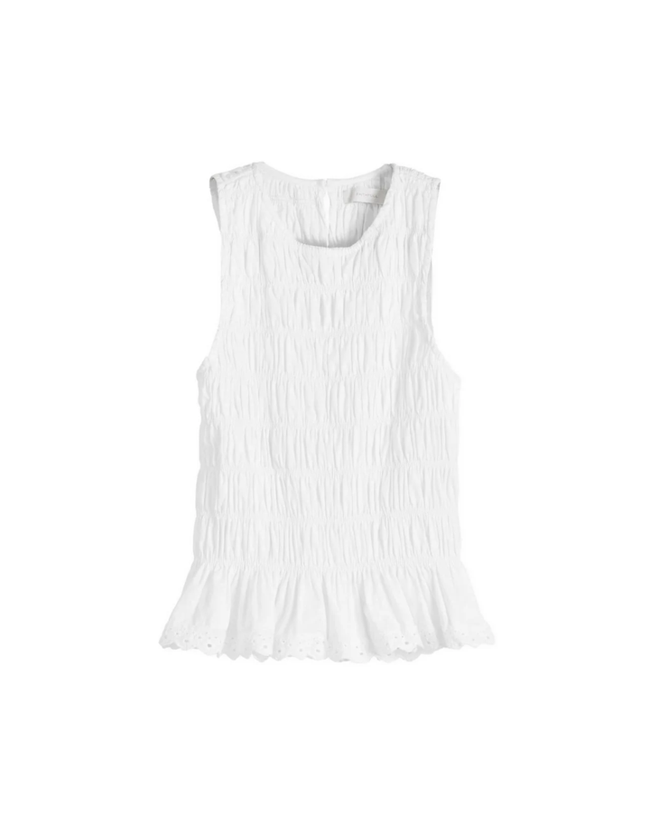 White ruched sleeveless top with lace hem paired with light denim jeans — Faithful The Brand | Endless UAE