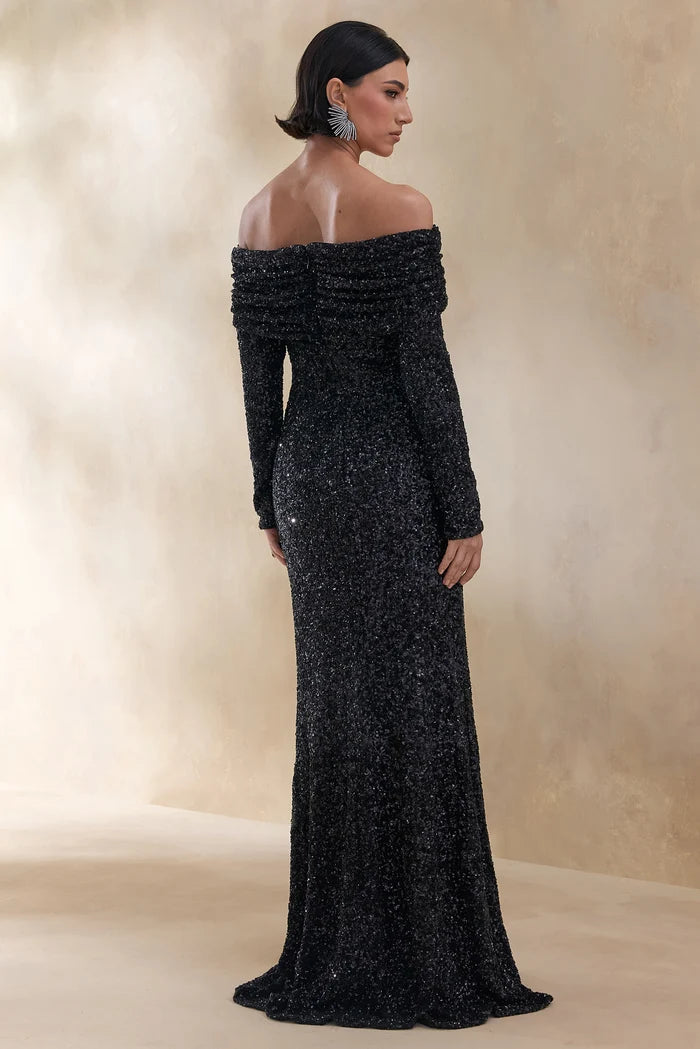 Black sequin bardot-neck maxi dress with off-shoulder neckline — Club L London | Endless UAE