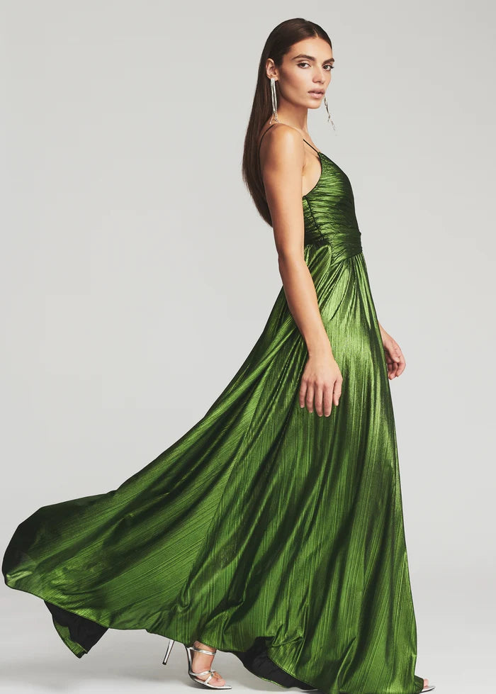 Green metallic pleated wrap dress with spaghetti straps and high slit — Retrofete | Endless UAE