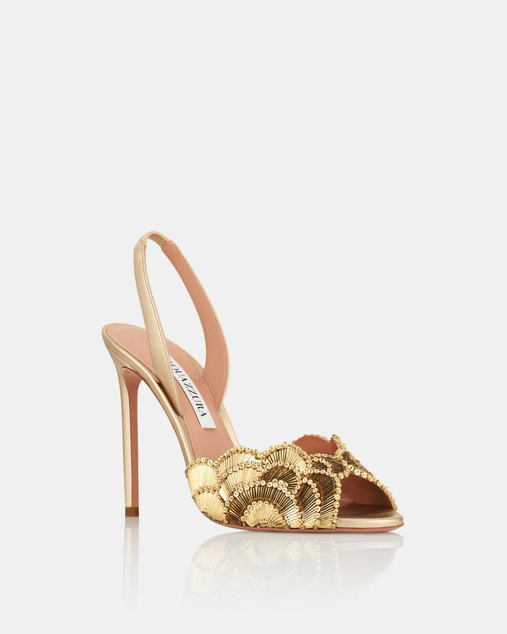 Gold embellished peep-toe heels with scalloped shell design — Aquazzura | Endless UAE