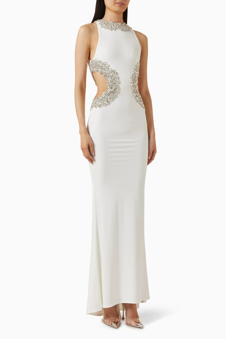 White sleeveless gown with rhinestone embellishments and side cutout details — Bronx & Banco | Endless UAE