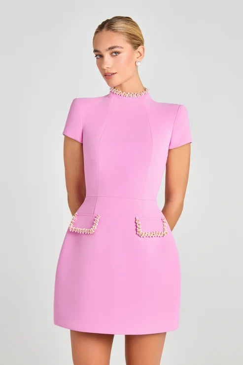 Pink short-sleeve dress with pearl neckline and pocket details — Nadine merabi | Endless UAE