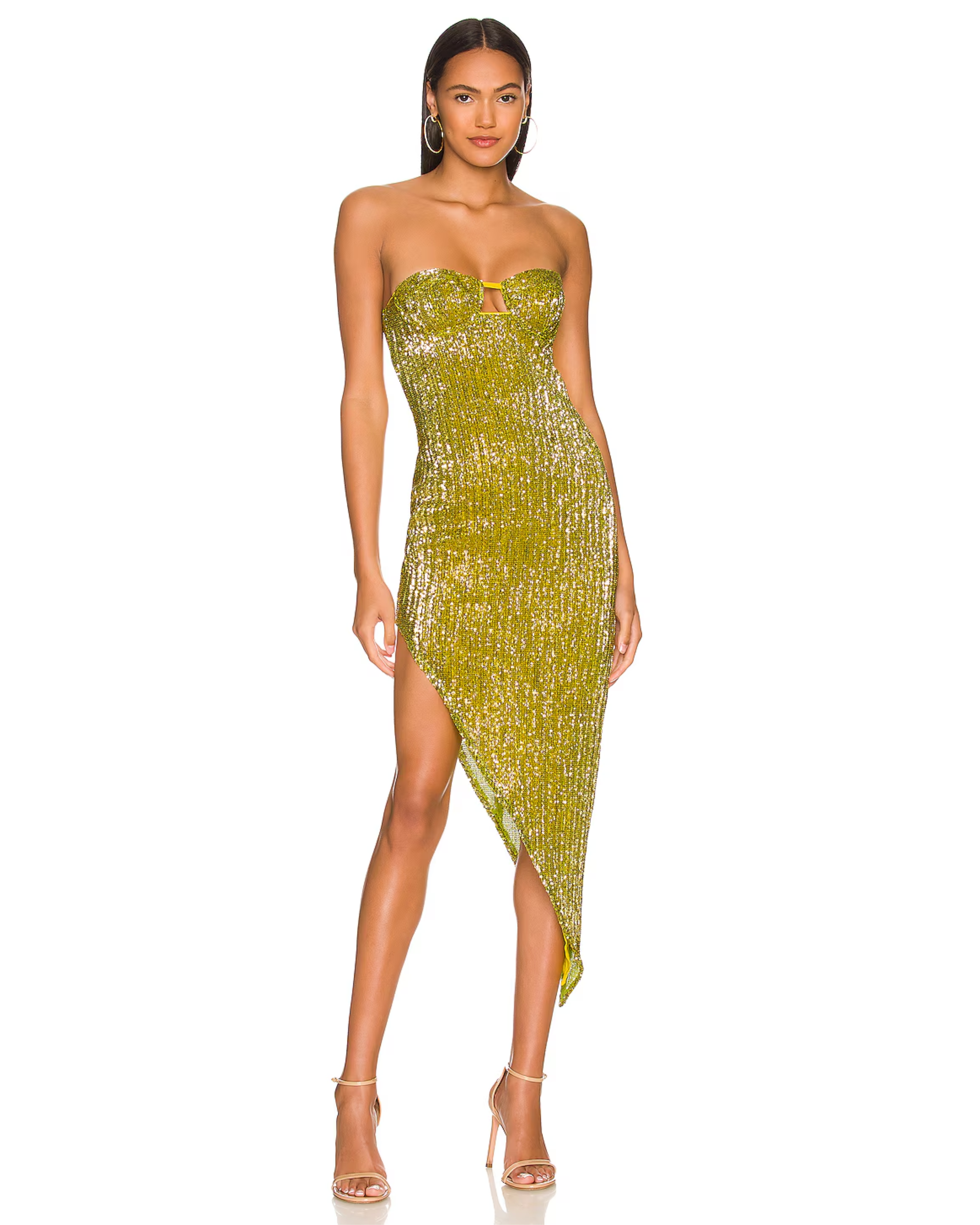 Gold sequin strapless midi dress with asymmetrical hem — Camila Coelho | Endless UAE