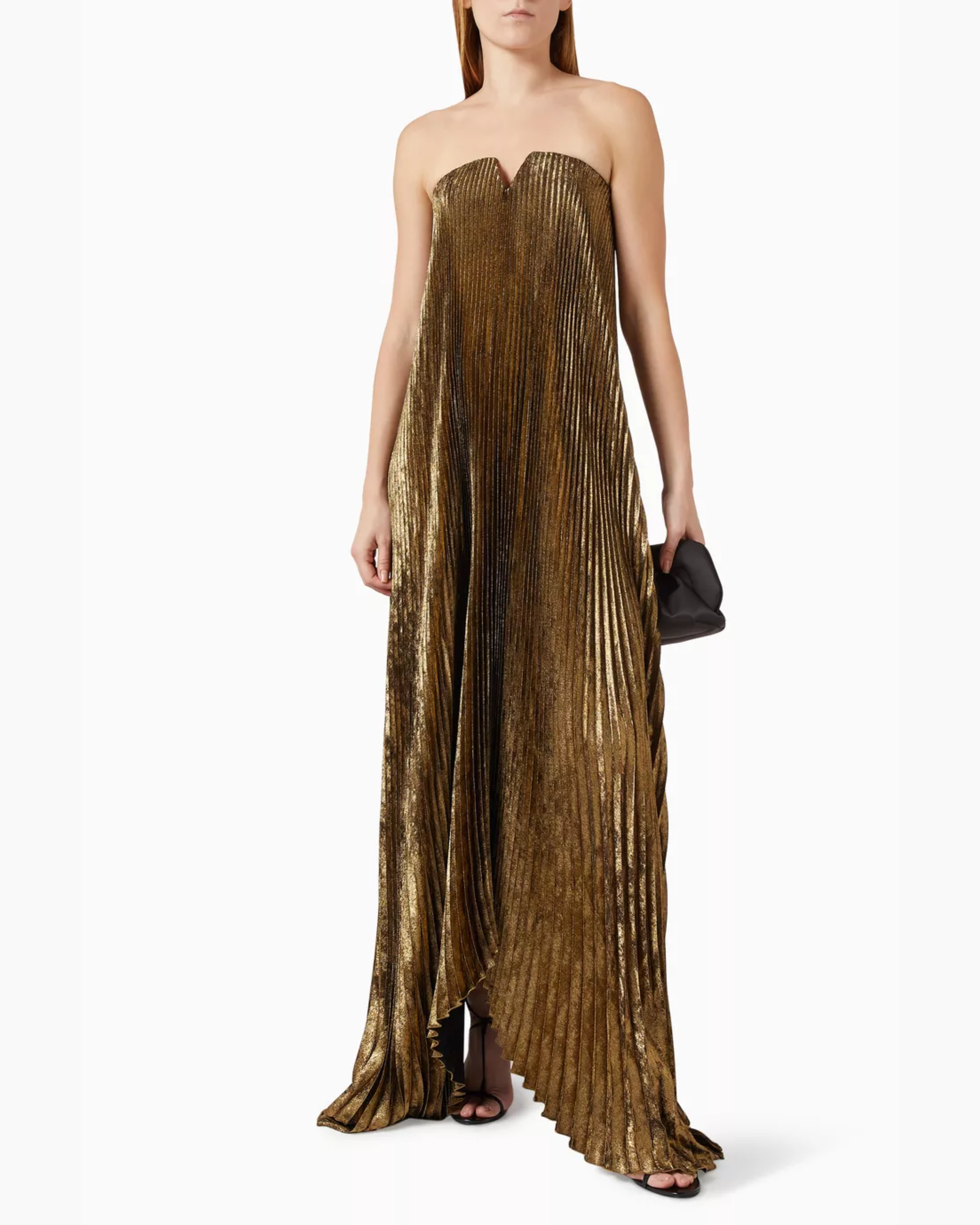 Gold pleated strapless gown with sweeping train — L'idee | Endless UAE