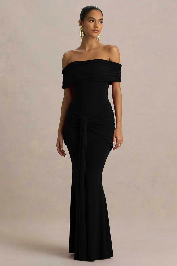 Black off-shoulder ruched maxi dress with bardot neckline — Club L London | Endless UAE