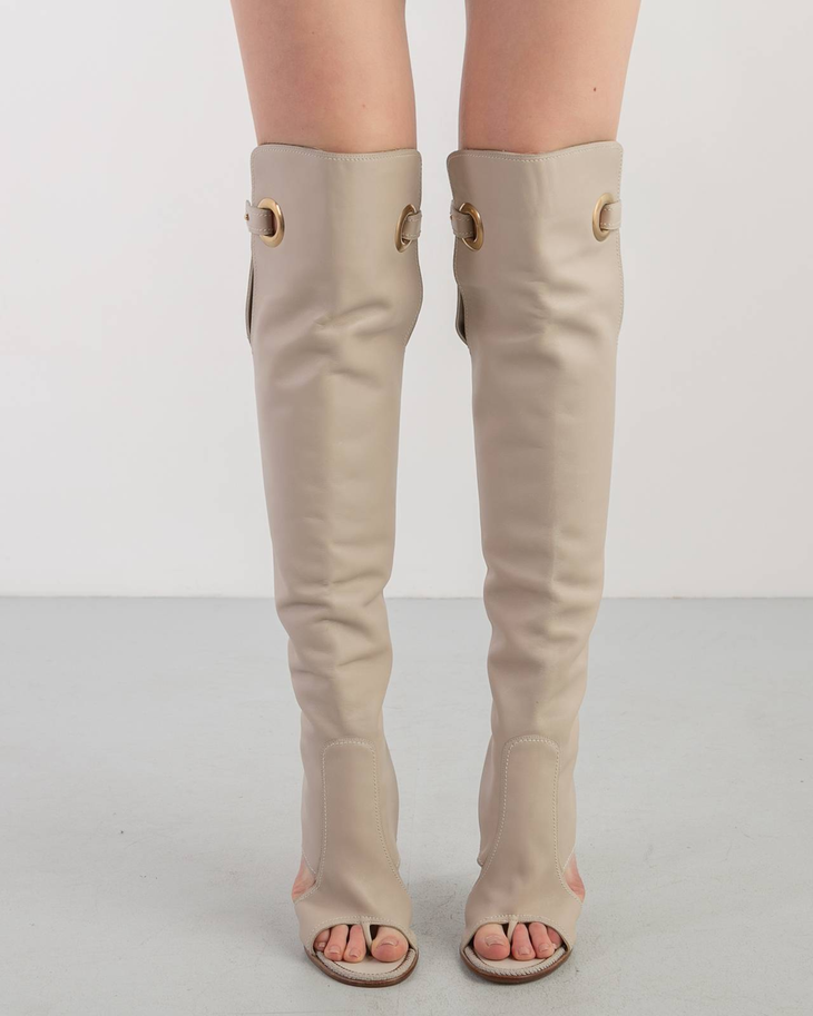 Cream open-toe cutout knee-high boots with block heel and decorative buckle detail — Salvatore Ferragamo | Endless UAE
