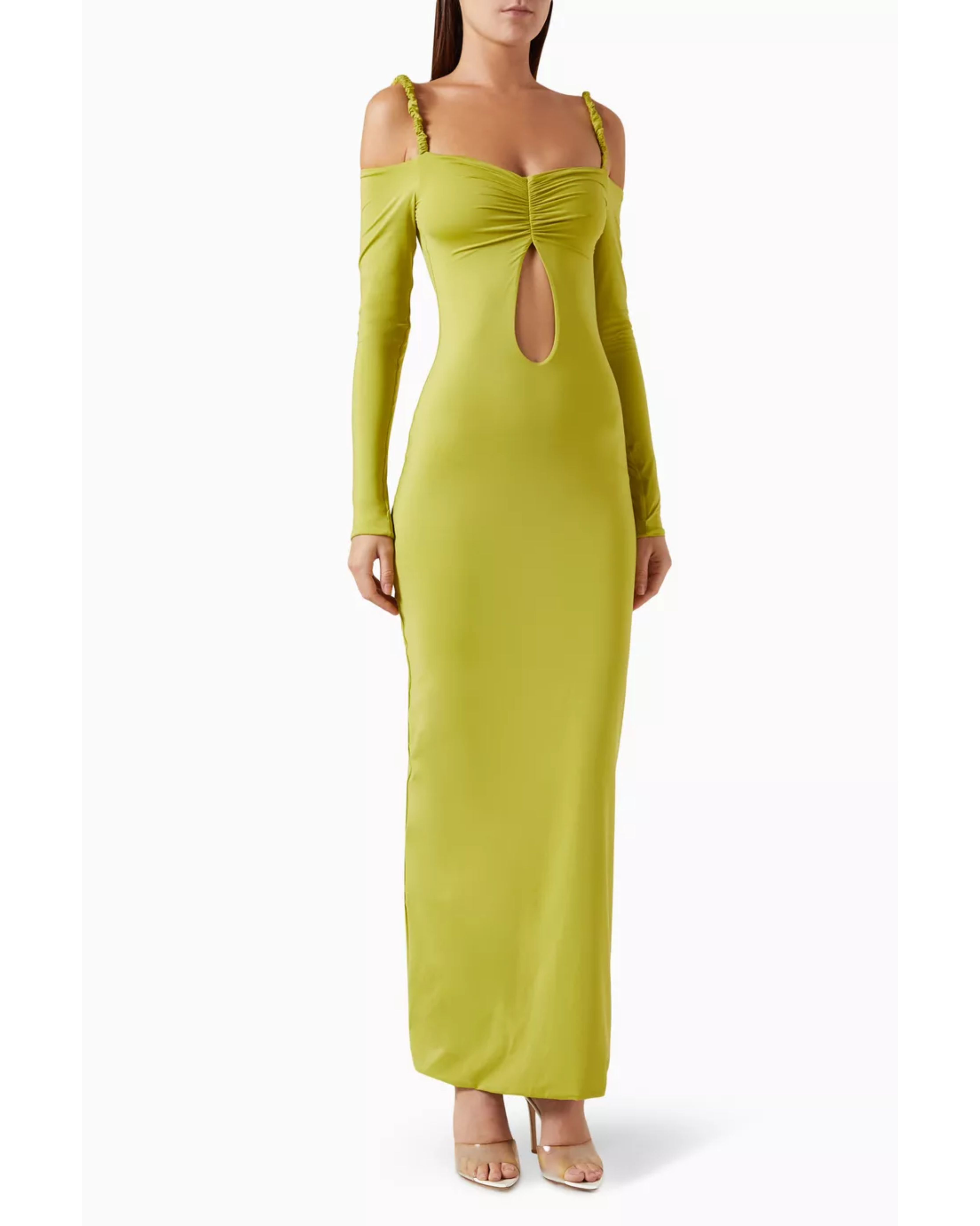 Lime green cut-out maxi dress with cold shoulder sleeves — Maygel Coronel | Endless UAE