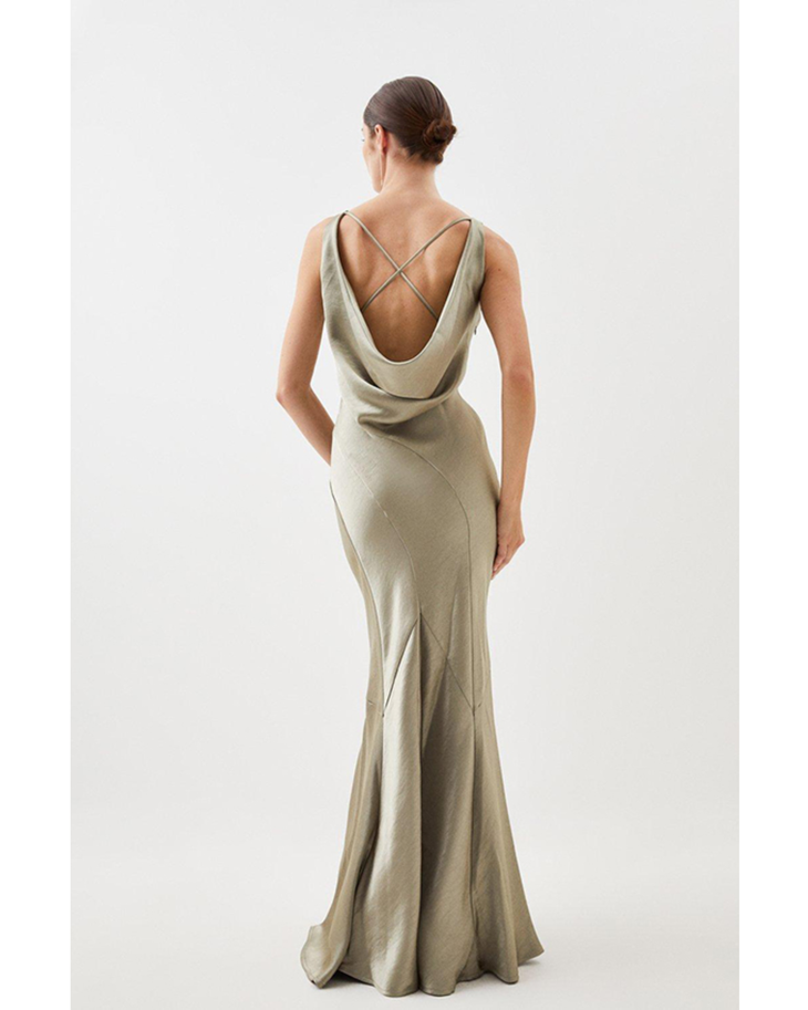 Beige sleeveless wrap maxi dress with curved seam details — Karen Millen | Endless UAE