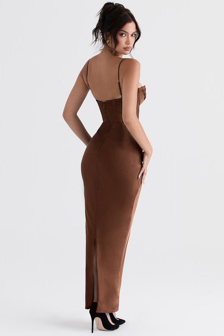 Chocolate corset maxi dress with sweetheart neckline and thin straps — House of CB | Endless UAE