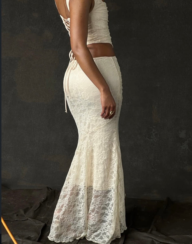Therese Vintage Co-ord Set in cream featuring draped top and lace skirt — House of CB | Endless UAE