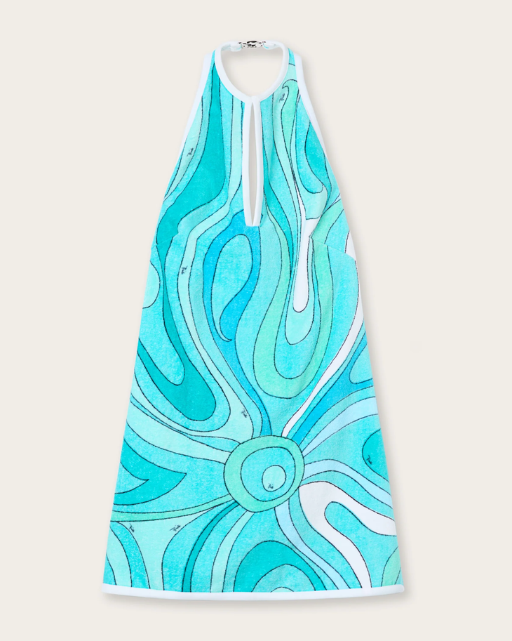 Turquoise marmo-print halter dress with white trim and white shoulder bag — Pucci | Endless UAE