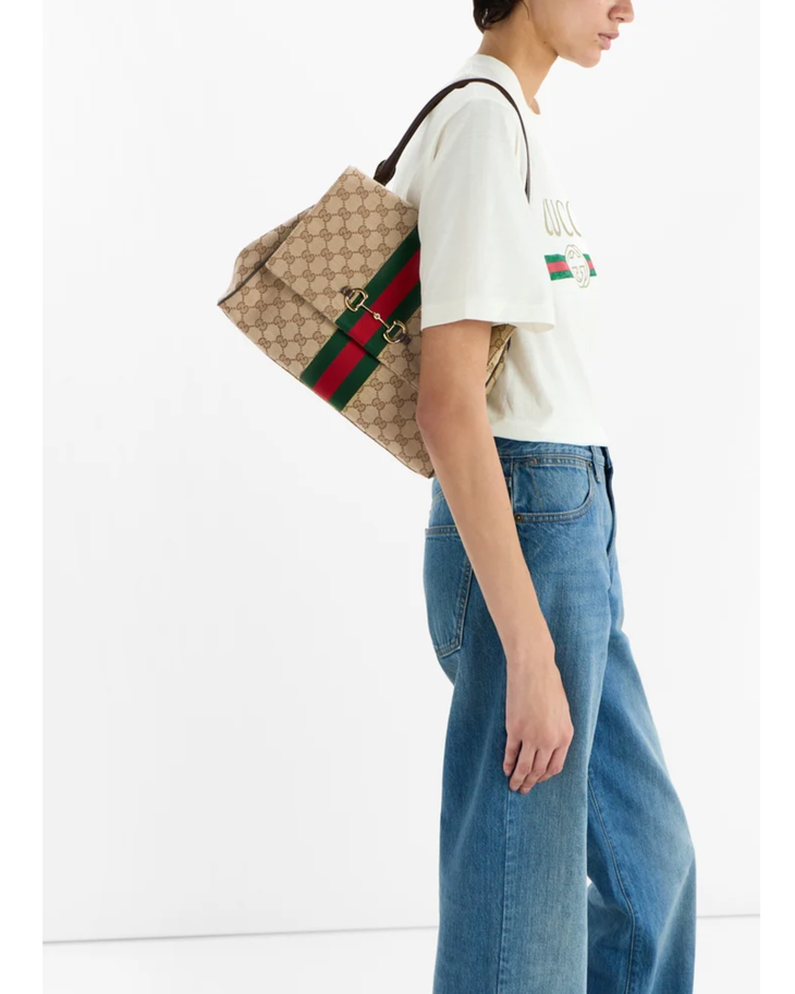 Gucci Paparazzo Medium Top Handle Bag in beige GG canvas with brown leather handles and green-red-green web stripe — Gucci | Endless UAE