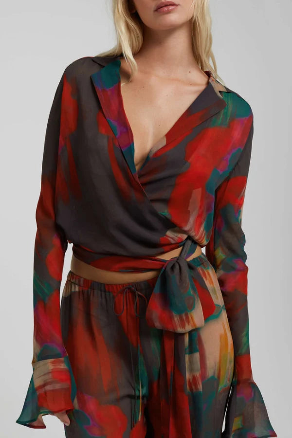 Gemini Co-ord Set in red and teal abstract print with wrap top and matching skirt — Rat & Boa | Endless UAE
