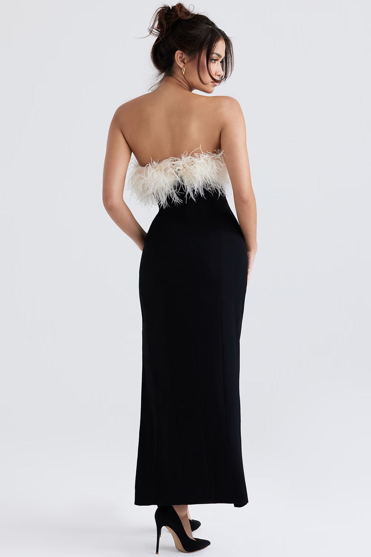 Black strapless midi dress with cream feathered bodice and thigh-high slit — House of CB | Endless UAE