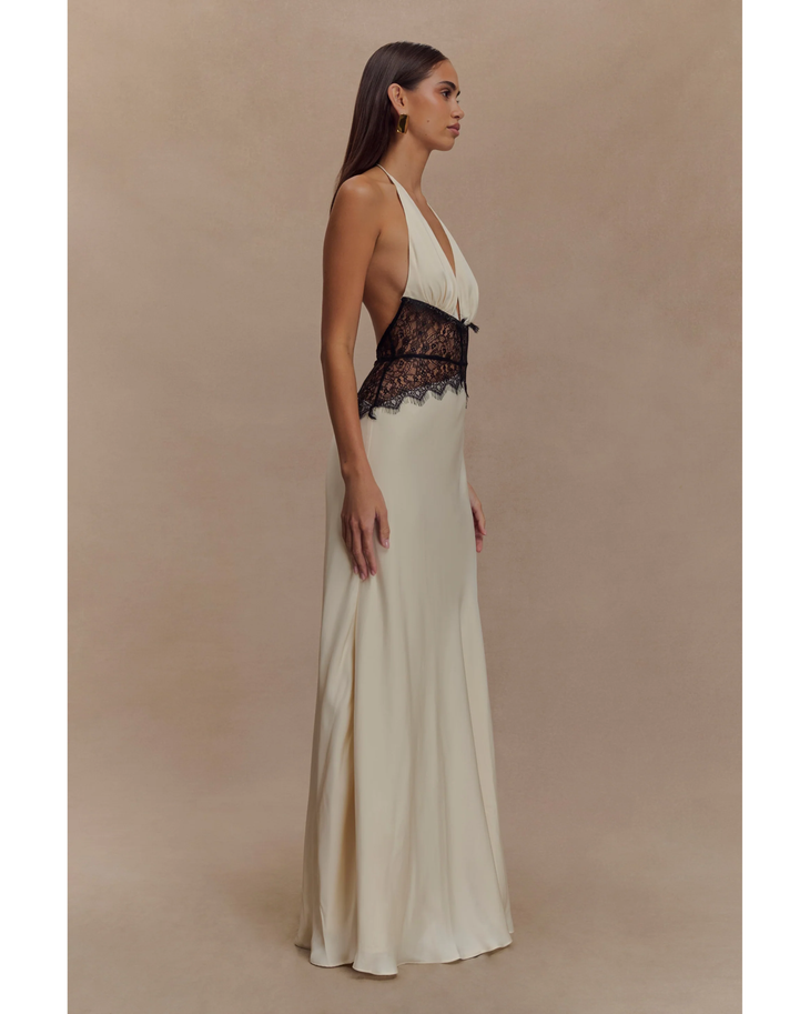 Cream halter neck gown with black lace waist detail and flowing satin skirt — Meshki | Endless UAE
