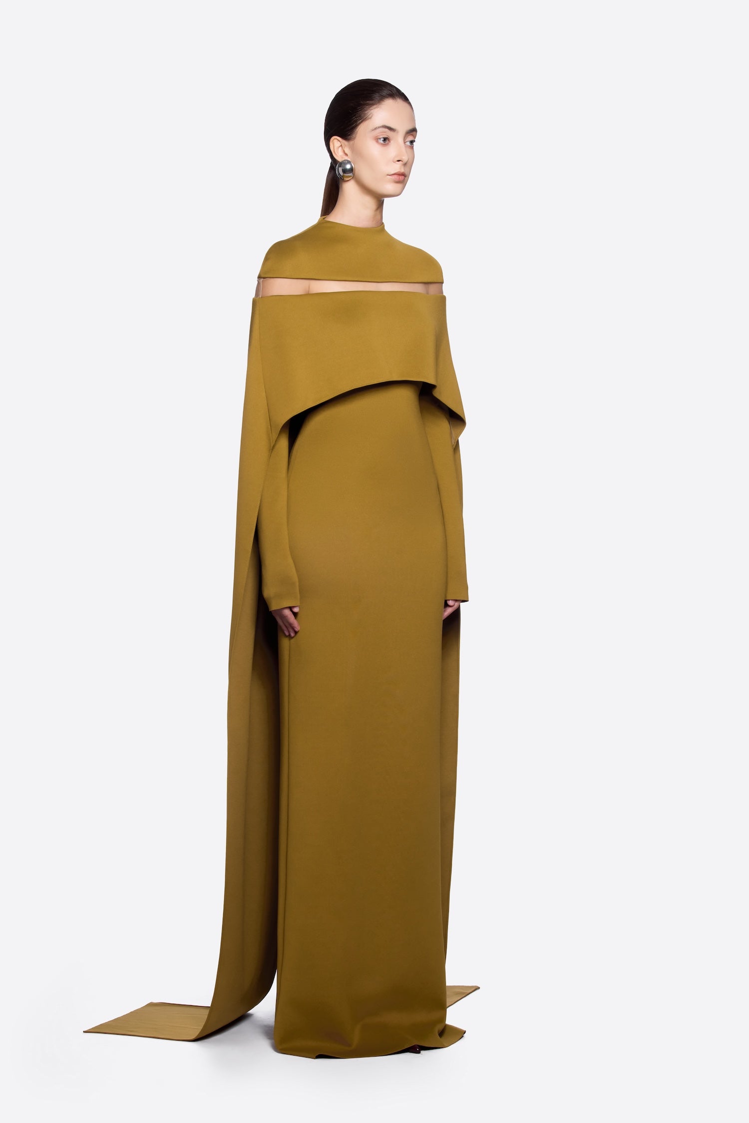 Nehru Dress in golden olive with draped cape overlay and cutout detail — Chats By C.Dam | Endless UAE