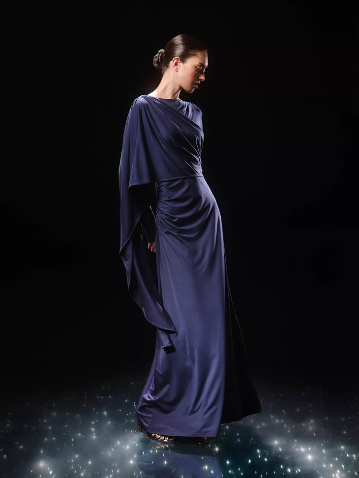 Navy long-sleeve jersey maxi dress with draped waist detail — Lichi | Endless UAE