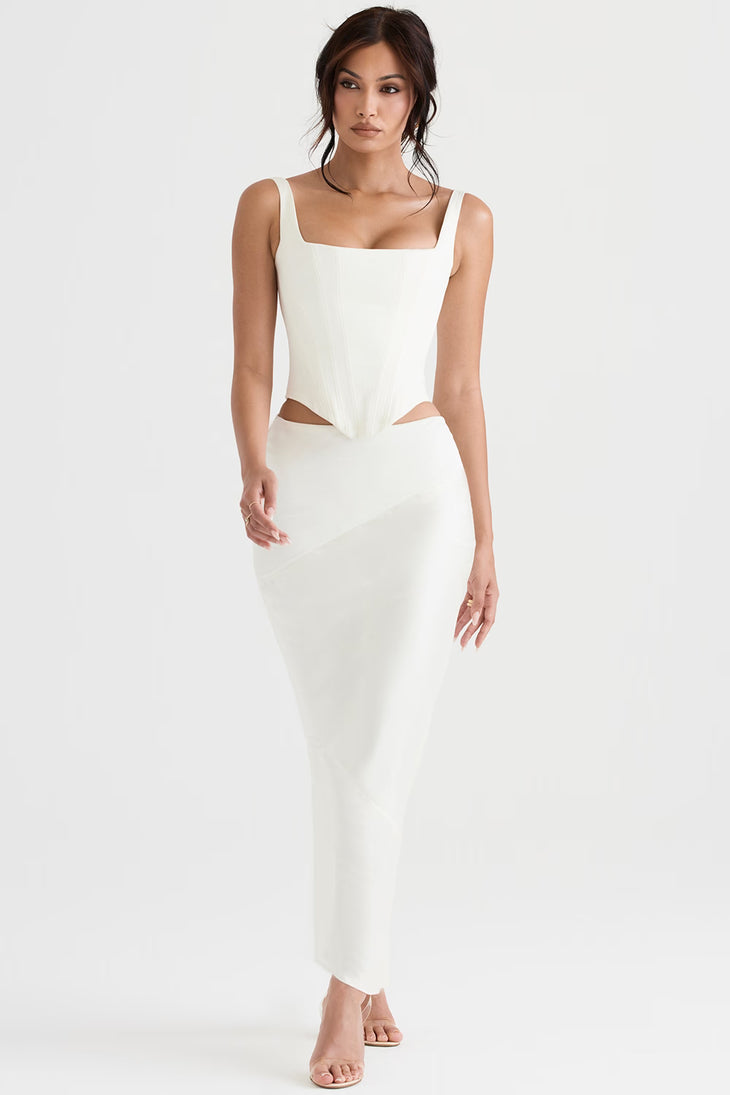 White satin bias cut midi skirt with cutout corset top — House of CB | Endless UAE