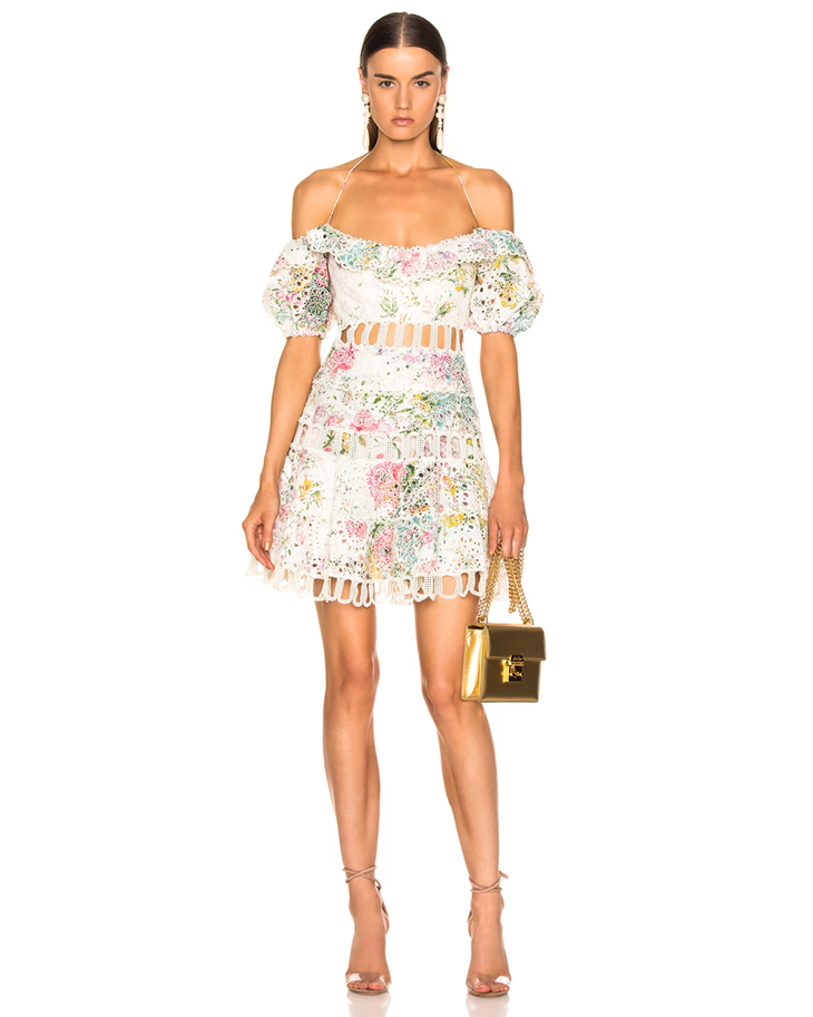 Heathers off-shoulder floral dress with puffed sleeves and cutout waist details — Zimmermann | Endless UAE