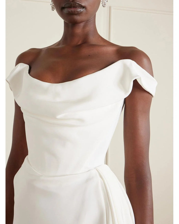 White asymmetric draped silk-cady mini dress with off-shoulder neckline — Vivienne Westwood | Endless UAE
