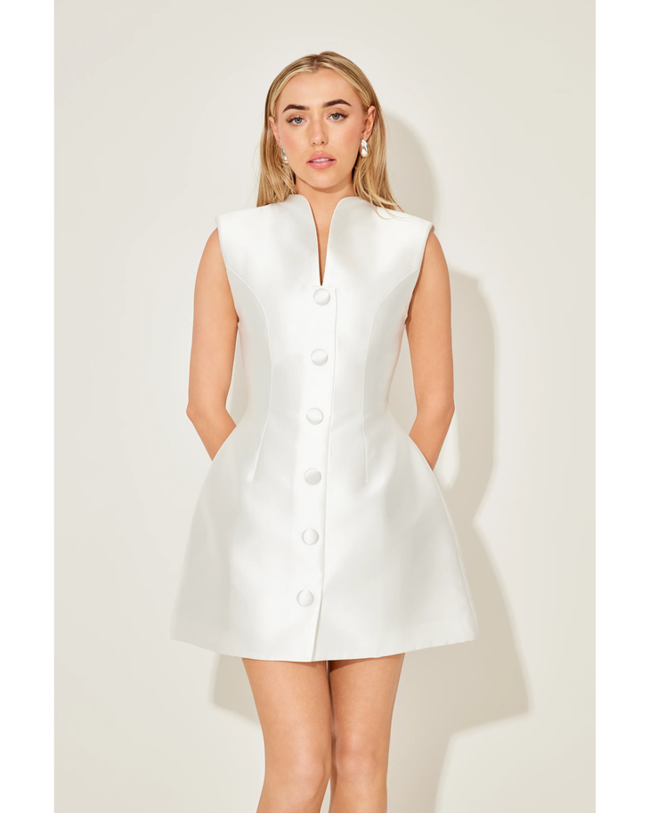 White satin buttoned mini dress with structured collar and pockets — Odd Muse | Endless UAE
