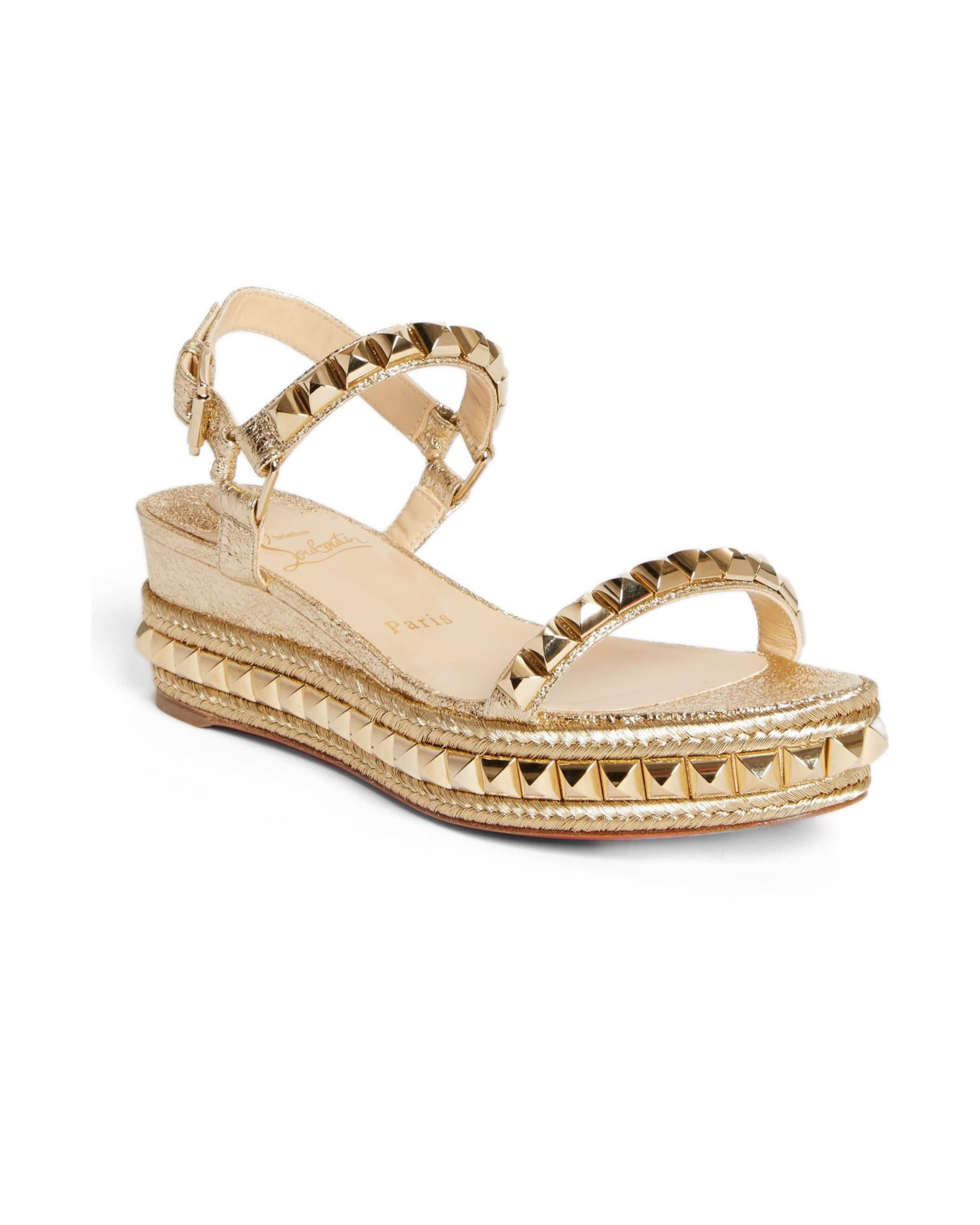 Gold studded platform sandal with ankle strap and espadrille sole — Christian Louboutin | Endless UAE