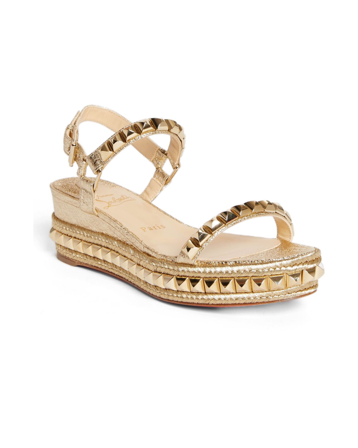 Gold studded platform sandal with ankle strap and espadrille sole — Christian Louboutin | Endless UAE