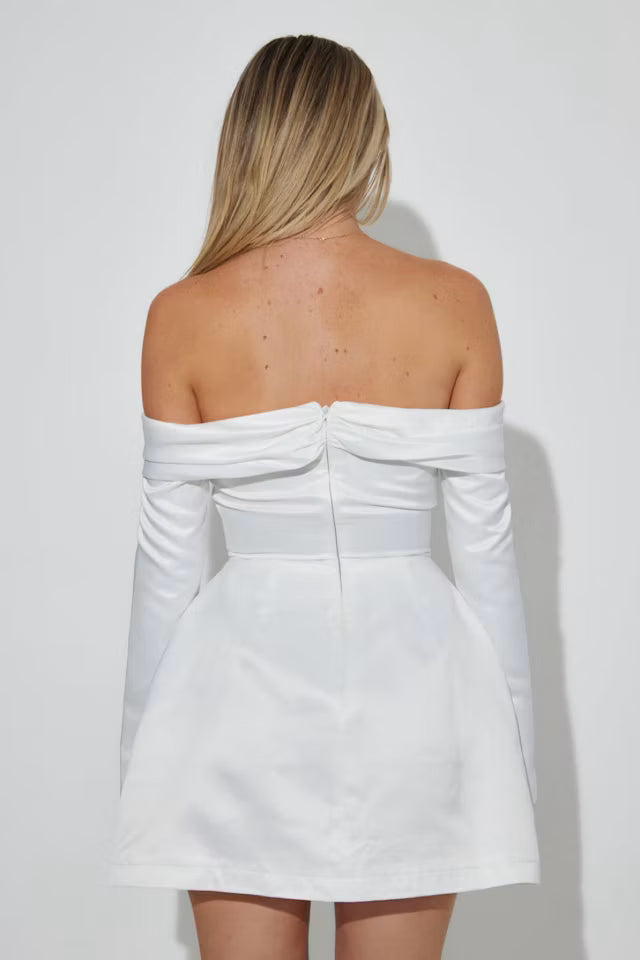 White satin bardot mini dress with off-shoulder neckline and long sleeves — Odd Muse | Endless UAE