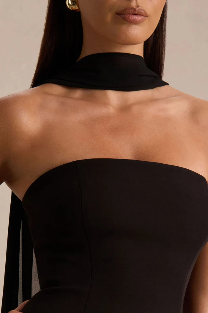 Black bandeau mini dress with choker neckline and asymmetrical hemline — Club L London | Endless UAE