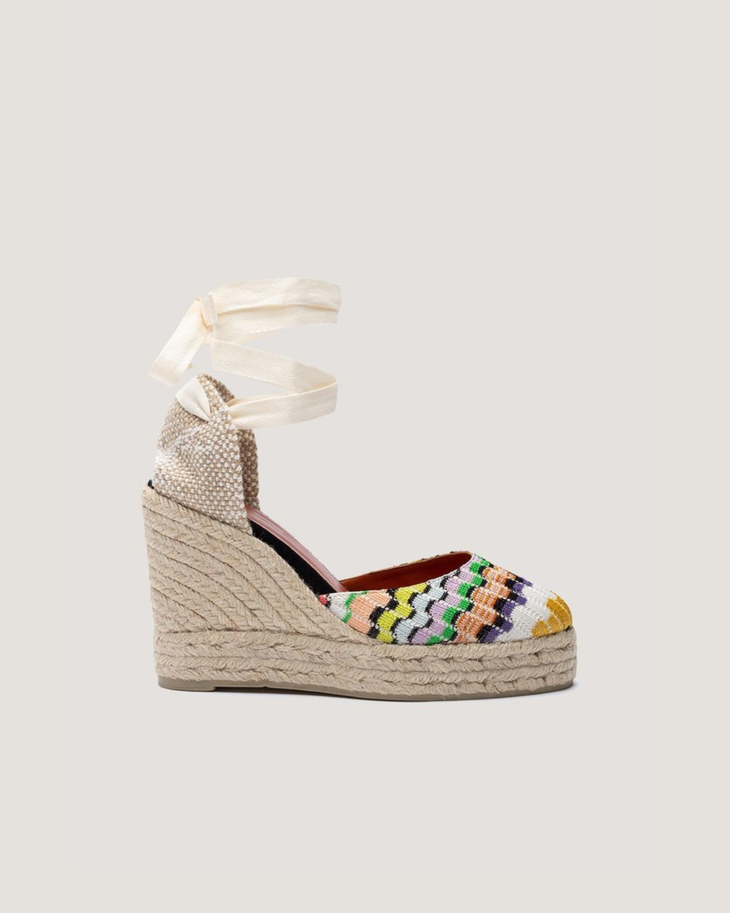 Castañer Carina canvas wedge espadrilles with colorful geometric knit pattern and cream ankle ties — Missoni | Endless UAE