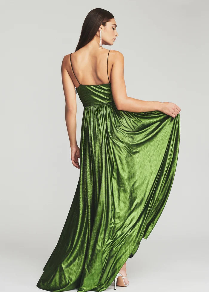 Green metallic pleated wrap dress with spaghetti straps and high slit — Retrofete | Endless UAE