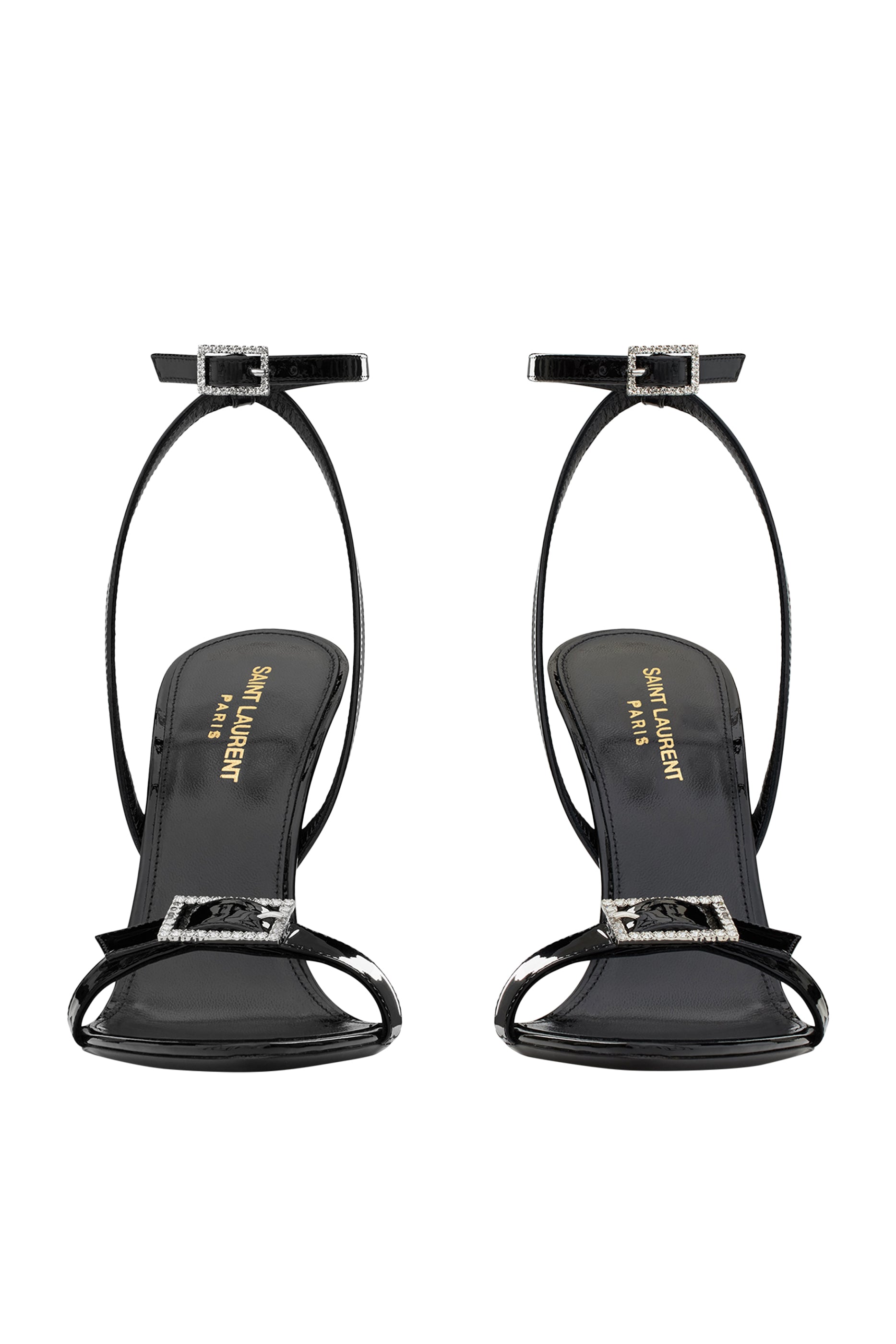 Black satin ankle strap sandals with crystal buckle details — Saint Laurent | Endless UAE