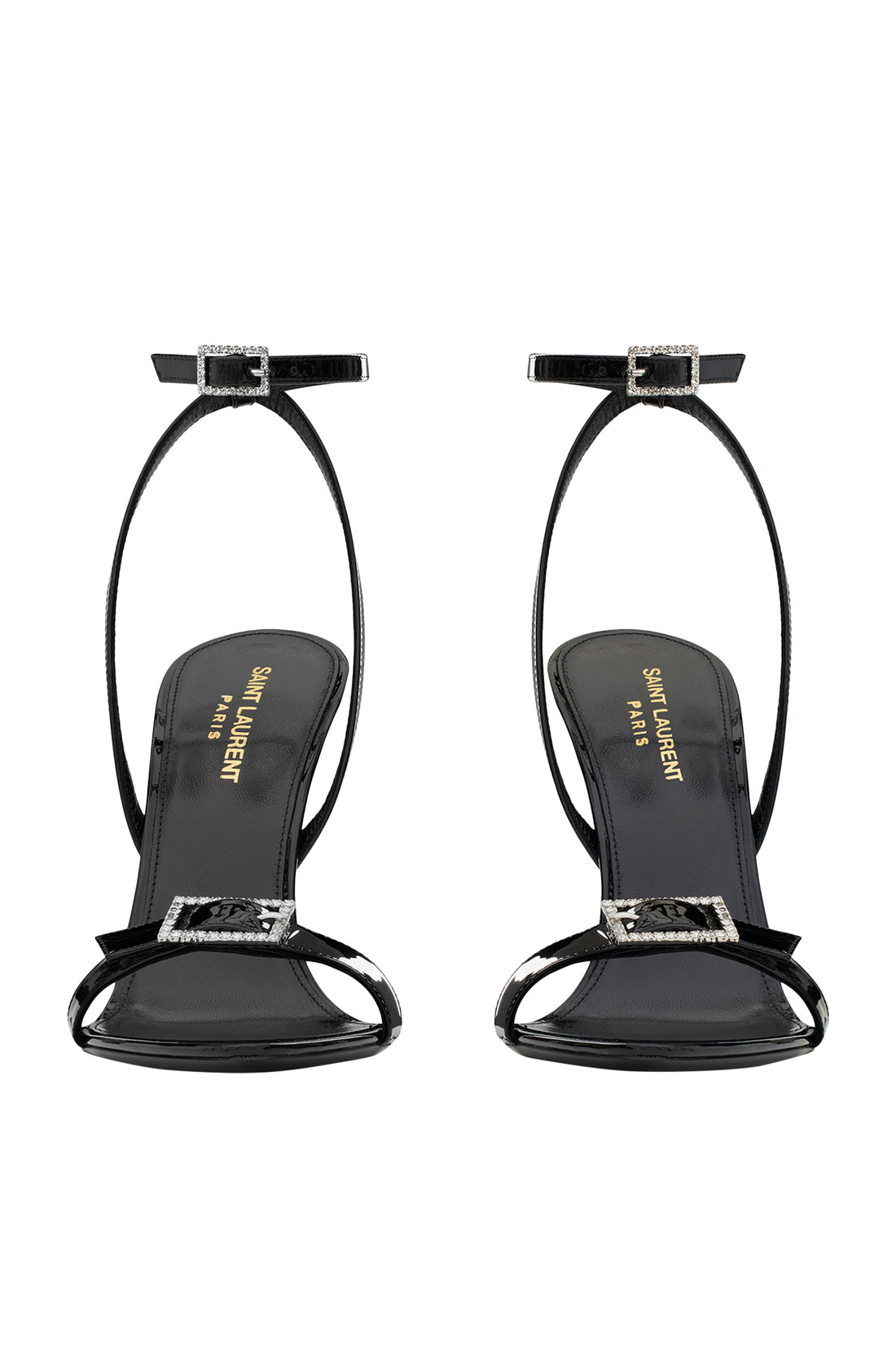 Black satin ankle strap sandals with crystal buckle details — Saint Laurent | Endless UAE
