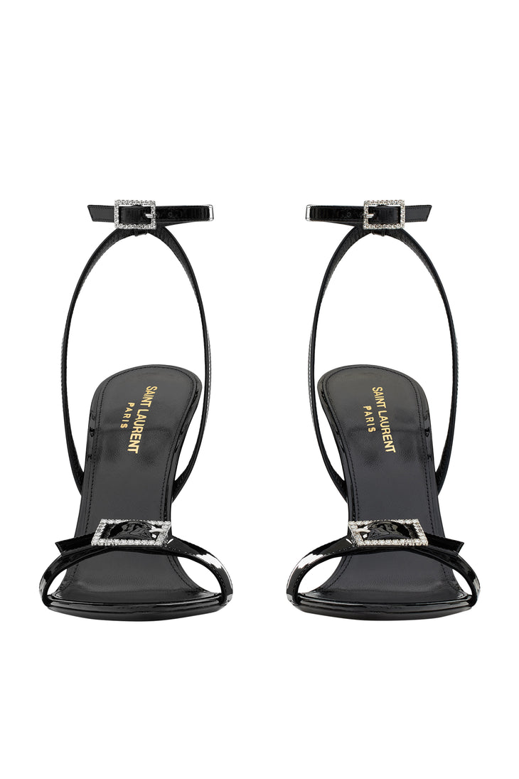 Black satin ankle strap sandals with crystal buckle details — Saint Laurent | Endless UAE