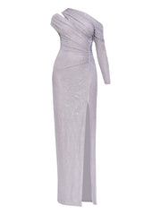 Lavender rhinestone-embellished one-shoulder gown with long sleeves and high slit — Self-Portrait | Endless UAE
