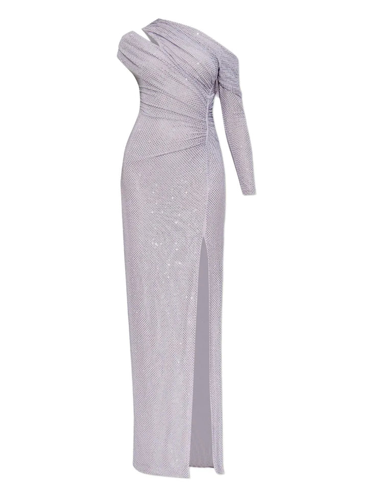 Lavender rhinestone-embellished one-shoulder gown with long sleeves and high slit — Self-Portrait | Endless UAE