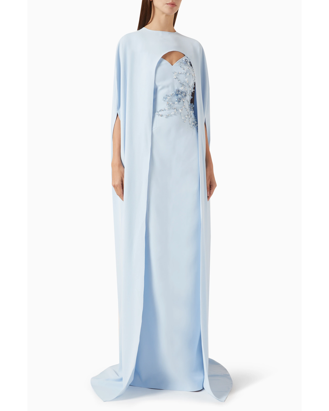 Light blue embellished cape and dress set with beaded detailing and sweeping train — Heva | Endless UAE