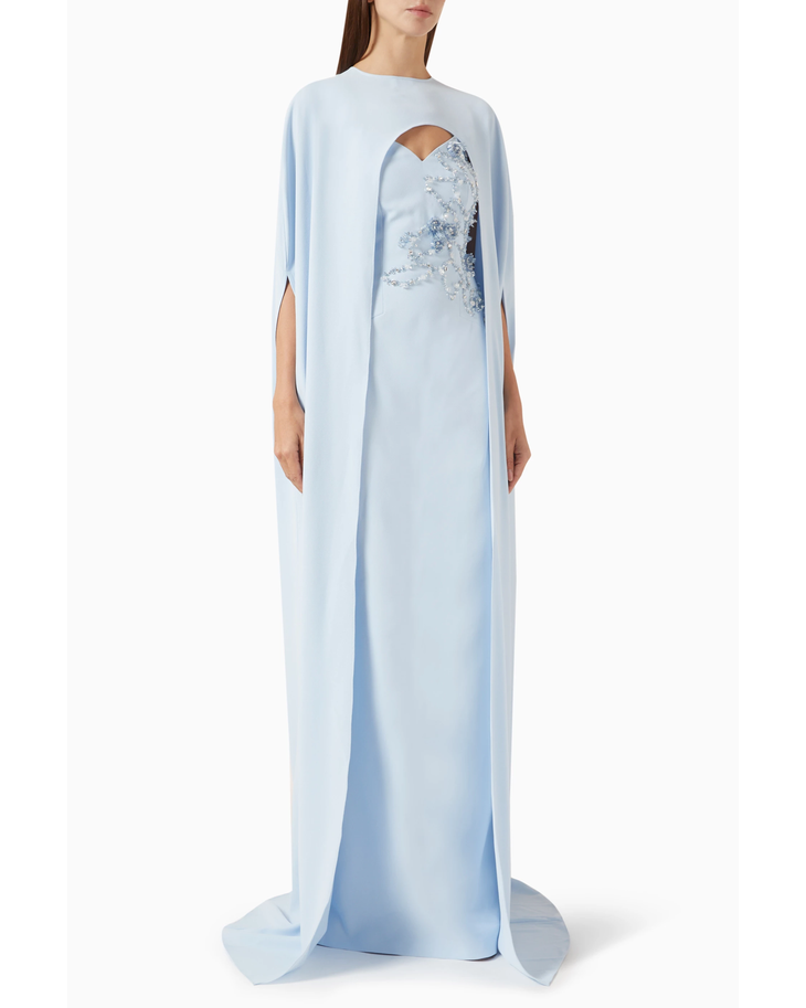 Light blue embellished cape and dress set with beaded detailing and sweeping train — Heva | Endless UAE