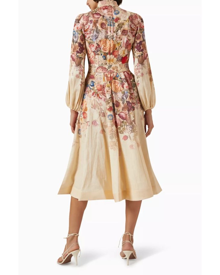 Luminosity Buttoned Midi Dress in cream floral print with puffed sleeves — Zimmermann | Endless UAE