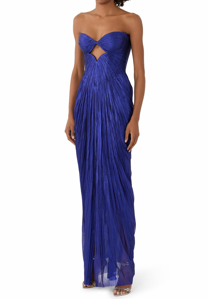Royal blue pleated strapless maxi gown with cutout detail — Maria Lucia Hohan | Endless UAE