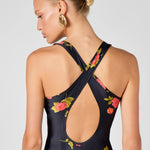 Black floral maxi dress with red and yellow flowers, racerback neckline — Hyphen | Endless UAE
