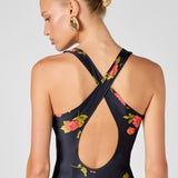 Black floral maxi dress with red and yellow flowers, racerback neckline — Hyphen | Endless UAE