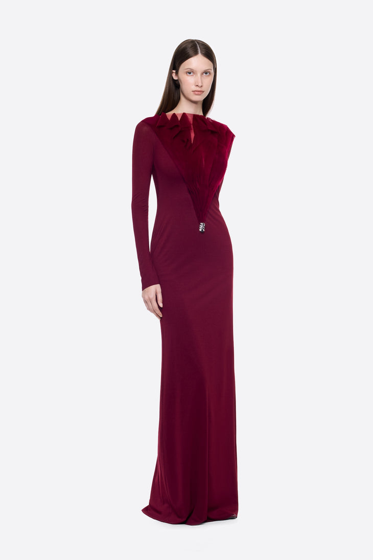 Zerina Dress in burgundy with long sleeves and floor-length silhouette — Chats By C.Dam | Endless UAE
