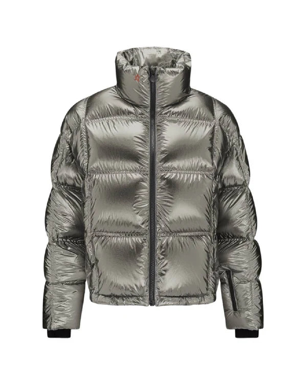 Model wearing metallic silver puffer jacket and matching pants against white background — Perfect moment | Endless UAE