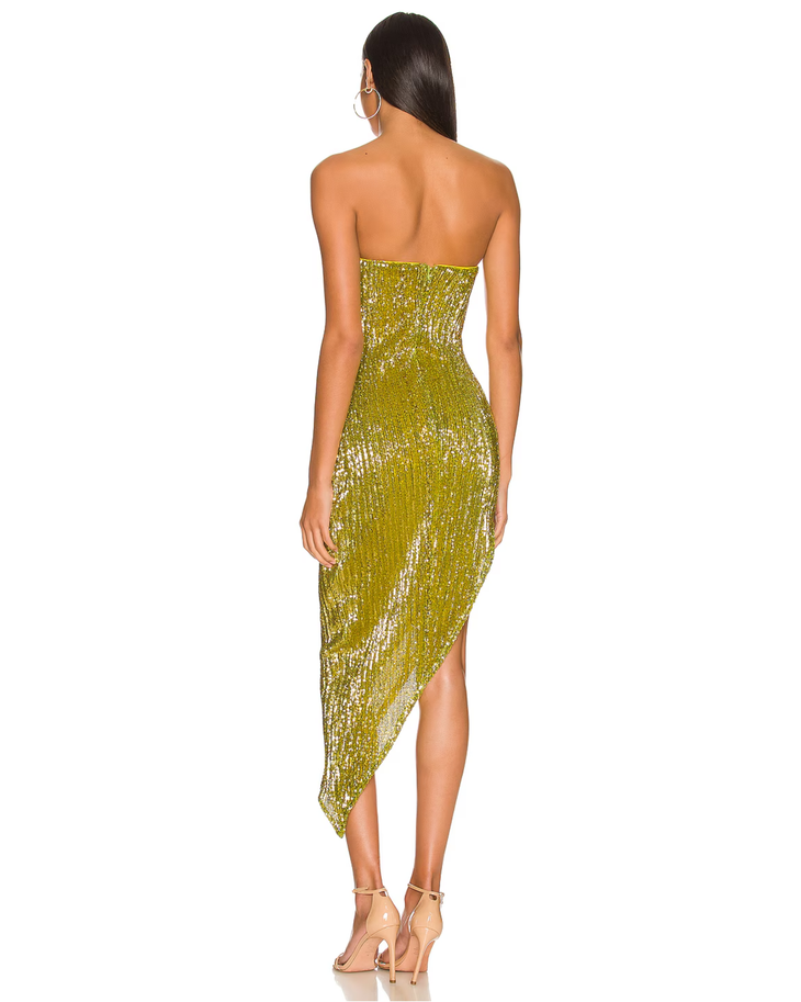 Gold sequin strapless midi dress with asymmetrical hem — Camila Coelho | Endless UAE