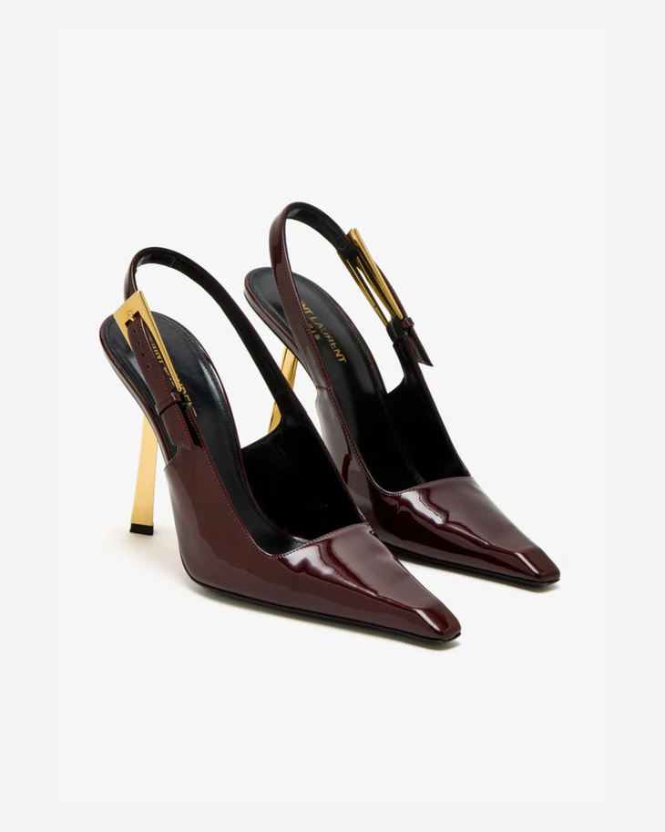 Burgundy patent leather slingback pump with gold heel — Saint Laurent | Endless UAE