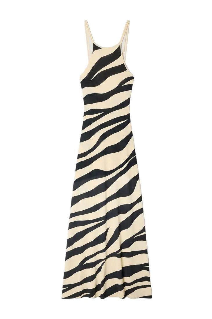 Zebra print knit maxi dress with strappy open back and black heeled sandals — Sandro | Endless UAE