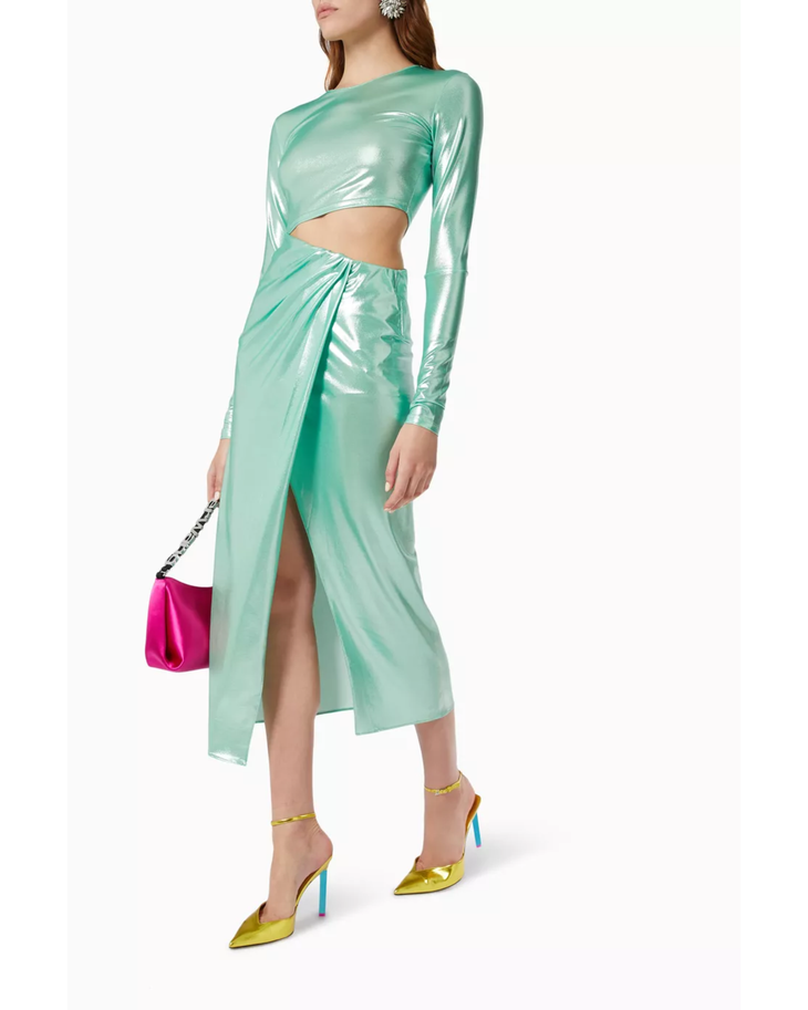 Mint green metallic cut-out midi dress with long sleeves and draped skirt — The Andamane | Endless UAE