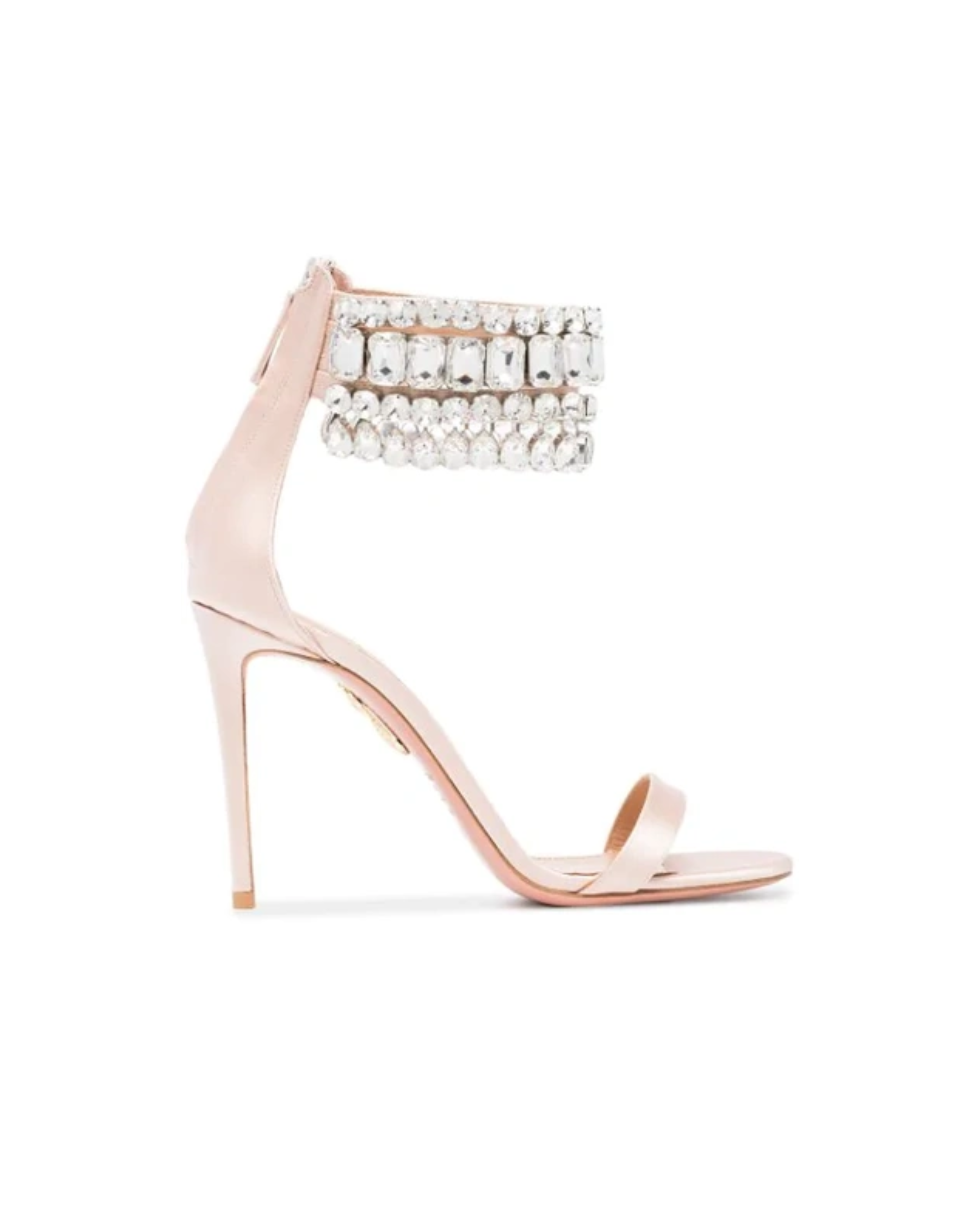 Nude satin heeled sandals with cascading crystal embellishments around the ankle — Aquazurra | Endless UAE