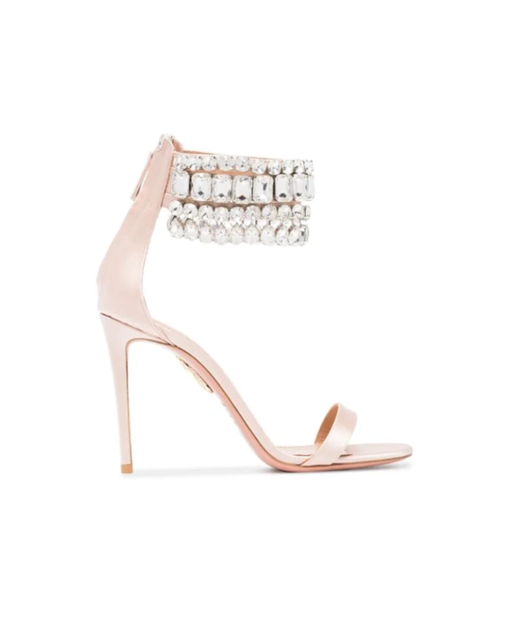 Nude satin heeled sandals with cascading crystal embellishments around the ankle — Aquazurra | Endless UAE